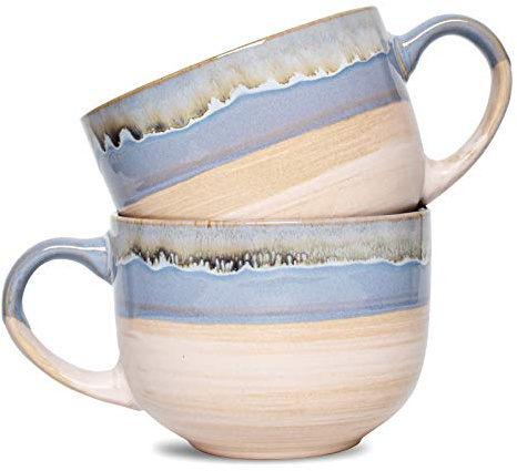 Bosmarlin Large Ceramic Coffee Mug Set of 2, Stoneware Jumbo Latte Mugs for Office and Home, 16 Oz, Dishwasher and Microwave Safe(Blue, 2)