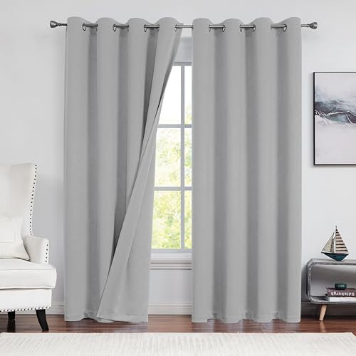 Beauoop Grey 90% Blackout Linen Curtains for Bedroom Living Room 90 Inch Drop Eyelet Curtain Thermal Insulated Room Darkening Energy Efficient Drapes Grommet Top Window Treatment Set 2 Panels
