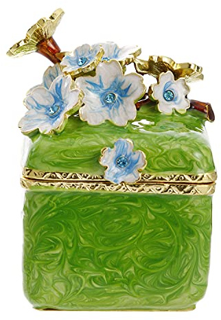 Vie jeune Hand Painted Trinket Box for Home Decor, Hinged Enameled Jewelry Box for Ring Earrings Jewelry Organizer, Unique Vintage Bejeweled Storage Figurine Collectible Keepsake (Flower-Green)