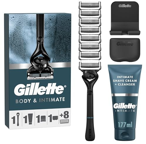 Gillette Body & Intimate Men’s Razor Set – Pubic Hair & Ball Shaver, 8 Razor Blade Refills + 2in1 Shave Cream & Cleanser, Below-the-Waist Grooming, Includes Shower Hook & Travel Cover