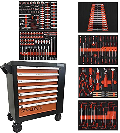 Stahlbruck Werkstattwagen WW 30 Classic, mit 250-tlg. Werkzeugsatz 7 Schubladen, 6 Schubladen, bestückt, schwarz-orange