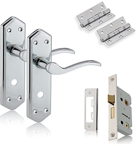 XFORT Chrome Elegance Range Polished Chrome London Suite Pack, Complete Set with Bathroom Handles, 65mm Mortice Lock and 75mm Ball Bearing Hinges, for Internal Wooden Doors