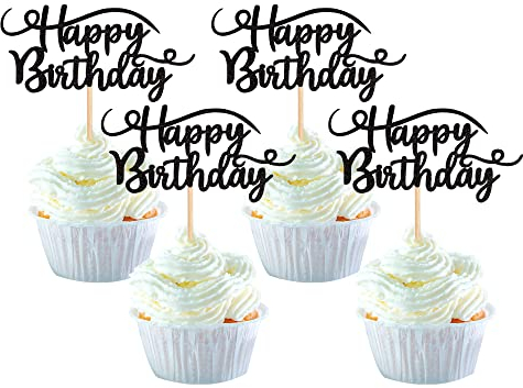 24 Stück Happy Birthday Cupcake Toppers Glitter Geburtstag Tortendeko zum Feiern alles Gute zum Geburtstag Party Kuchen Dekorationen Zubehör Schwarz
