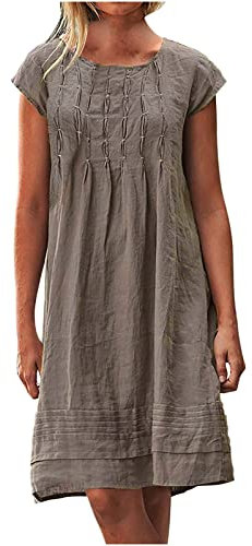 Robe Ete Femme en Lin Mi Longue Plissée T-Shirt Robe de Travail Chic et Elegant Décontractée Couleur Unie Manche Courte Jupe Vêtements Femme Cotton en Line Chemise Robes De Soleil