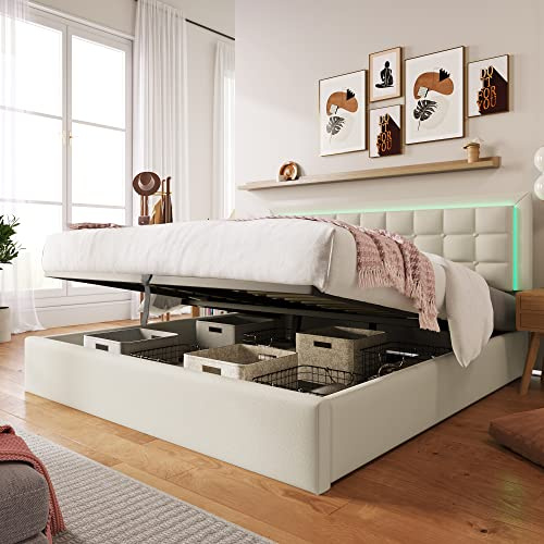 Moimhear Polsterbett mit Lattenrost und Stauraum Doppelbett inkl. LED-Beleuchtungsleiste Bettgestell 180x200cm, Stauraumbett Funktionsbett Bezug aus Kunstleder Weiß (180x200cm)