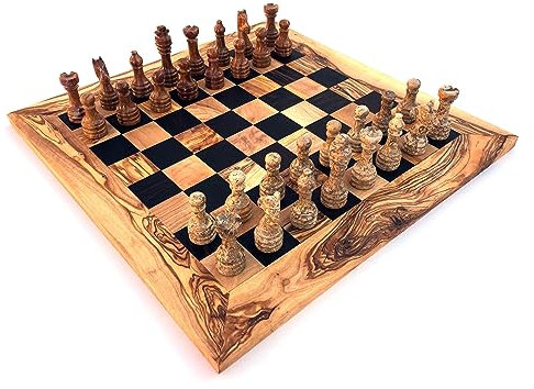 Schachspiel gerade Kante Größe wählbar L/XL inklusive 32 Schachfiguren aus Marmor Handgefertigt aus Wenge und Olivenholz (XL)