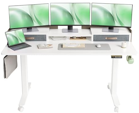 Claiks Schreibtisch Höhenverstellbar Elektrisch, Höhenverstellbarer Schreibtisch 140x60 cm mit Schubladen und Monitorständer, Standing Height Adjustable Desk, Weiß
