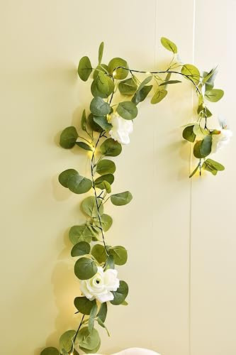 FLCSIed 20 LED Artificial Eucalyptus Garland with Rose Flowers Vine with Fairy Lights for Home Party Decoration (White)