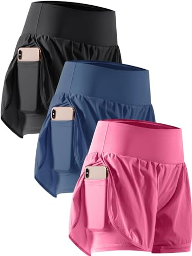 CADMUS 2 in 1 Women's Workout Shorts Athletic Gym Running Shorts for Women Phone Pockets,Black & Navy & HotPink, Large