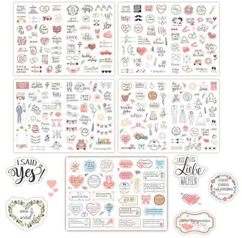 Hochzeitsaufkleber Gästebuch (5 Bögen à 266 Aufkleber), Vintage Hochzeit Sticker für Gästebuch oder Fotoalbum mit viel Liebe (Deutsch & Englisch, Rosa)