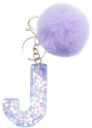 Xsclpomddy Frauen Alphabet Buchstaben Schlüsselanhänger Niedlich Schlüsselanhänger Glitzer mit Pom Pom Quasten Harz Keychain Violett für Tasche Charme