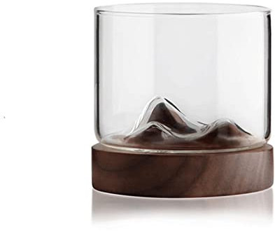 HJUGHPN Tasse de montagne en verre à whisky avec base en bois - Verre créatif pour bière, vin, eau, thé, whisky - Accessoires de bar (marron)