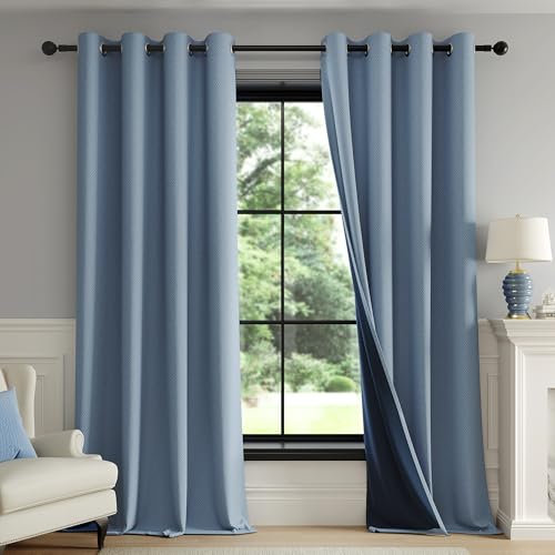 Fmfunctex Blue Blackout Curtains for Living Room 90 Inch Drop Geometric Weave Textured Eyelet Curtains for Bedroom Thermal Insulated Window Curtain Drapes 2 Panels