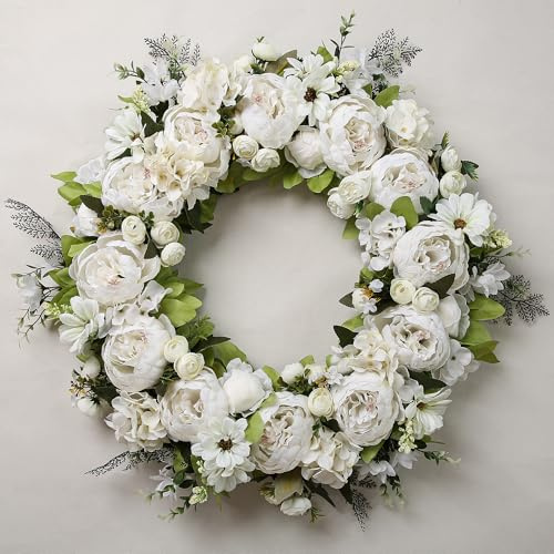 Peony Wreath 23'' White Elegant Spring Wreaths for Front Door, Artificial Large Floral Wreath for Wall Decor, Home Décor, Indoor Outdoor Window Decor Door Wreath Wedding Birthday Party Decoration
