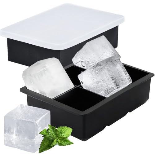 Belegao 2PCS Ice Cube Tray with Lid Silicone Freezer Moulds BPA-Free Large | Flexible, 6 Cmpartments, Ice Cube Makers, for Ice, Drinks, Cocktails, Easy Release, Reusable, Stackable Square (Black)