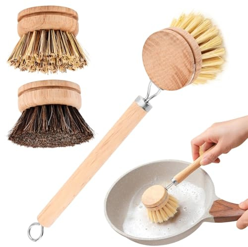 Bamboo Dish Brush with Handle,Natural Kitchen Brushes with 3pcs Replacement Heads, Horsehair, Sisal, Palm,All Purpose Kitchen Scrub Brush,Fruit and Veggie Brush Scrubber