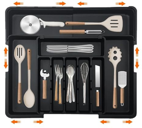 Wnddle Erweiterbarer Besteckkasten für Schubladen, Schubladen Organizer, Besteckkasten für Schubladen, Verstellbarer Schubladeneinsatz Besteckeinsatz, Küchen Organizer, für Löffel/Gabeln (Schwarz)