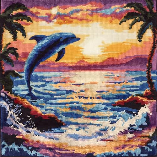 Taxpy Knüpfkissen Diy Set, Delfine und Strandlandschaft Knüpfkissen-Set, 43x43cm, Knüpfen Kunsthandwerk Kissen, Knüpfkissen Diy, Stickerei Knüpf-Sets, Kissen Knüpfen Set