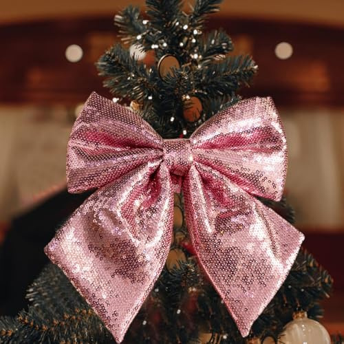 Large Sparkly Pink Bow for Christmas Tree Topper - 10 Inch Width, Glitter Sequin Bowknot for Trees, Wreaths, Garlands, Doors & Windows