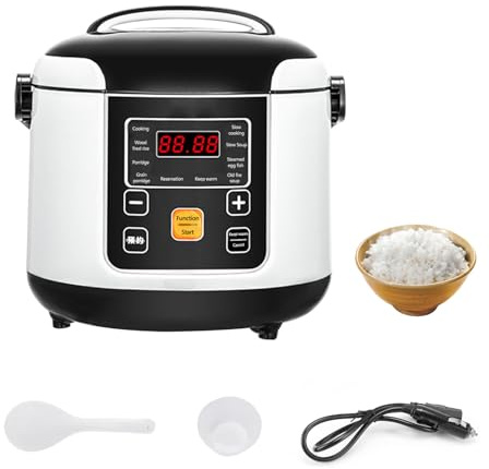 Cuiseur de Riz pour Voiture, Mini Rice Cooker 200W Capacité 2L, Cuiseur Riz de Voyage Portable avec Bol Antiadhésif Amovible, Maintien au Chaud Auto, Réservation 24h pour Voiture 12V 24V