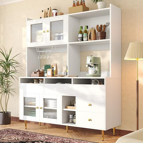Laxnb Küchenschrank mit Stauraum, Sideboard Kommode mit Schubladen und Glastür, 145x39x171cm Hochschrank mit Arbeitsplatte, Buffetschrank Kitchen Cabinet Wohnzimmer Möbel Anrichte Vitrine (Weiß)