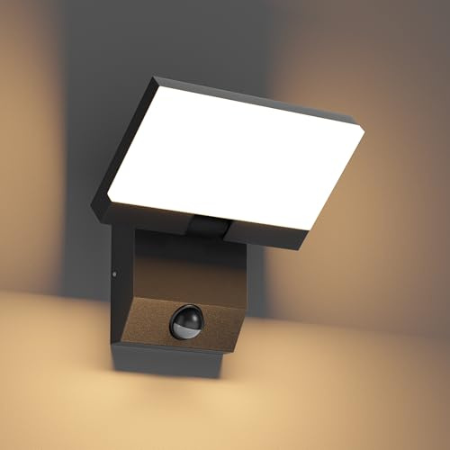 K-Bright 24W außenlampe mit bewegungsmelder, 220V LED Wandleuchte Außen mit Schwenkbar LED Panel, IP65 wasserdicht Warmweiß 3000K aussenlampe wand für Garten Terrasse Eingang(Schwarz)