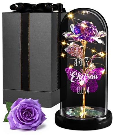Maverton Violette ewige Rose mit LED-Beleuchtung in Glaskuppel mit Gravur | Geschenke für Frauen, Geburtstagsgeschenk für Frauen, personalisierte Geschenke zum Valentinstag zu Weihnachten