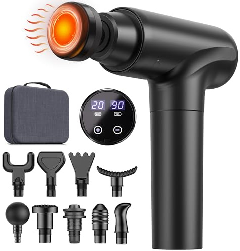 Pistolet de Massage Musculaire avec Chaleur, 20 Vitesses et 10 Têtes, Appareil de Massage à Percussion avec Écran Tactile LED, Silencieux avec Sac de Transport, Idéal pour le Massage Profond, Cadeau