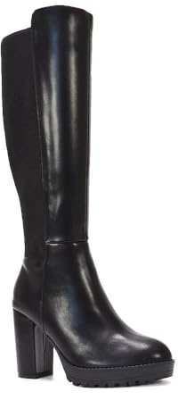 ESSEX GLAM Women's Knee High Boots Ladies Black Synthetic Leather Block High Heel Platform Elasticated Calf Leg Size 6