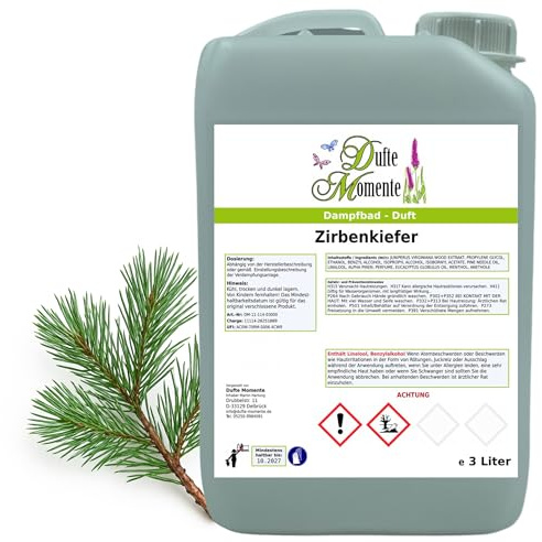 Dufte Momente Dampfbad Duftkonzentrat Zirbenkiefer 3 Liter – wohltuend-holziger Wellnessduft mit natürlichem Zirbenkieferöl – für Dampfbäder, Verdampferanlagen & Dampfduschen – vegan, Made in Germany