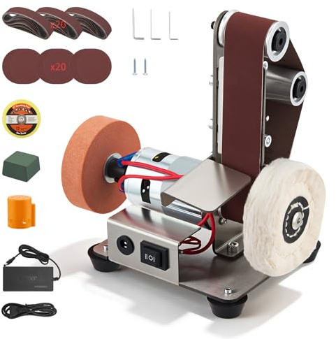 Eirolace Ponceuse à Bande Stationnaire 4-en-1, Affûteur et Polisseuse Multifonction, 9000 RPM, 7 Vitesses + Marche AV/Arr, Corps en Acier Inoxydable 304, Anti-Vibrations, Set d’Accessoires Inclus