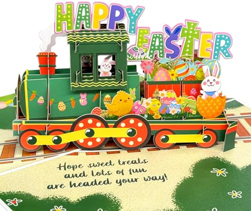 Coralogo 3D Train Easter Pop Up Cards – Bunny & Egg Greeting Cards with Envelopes, Happy Easter Gift for Kids Boys Son