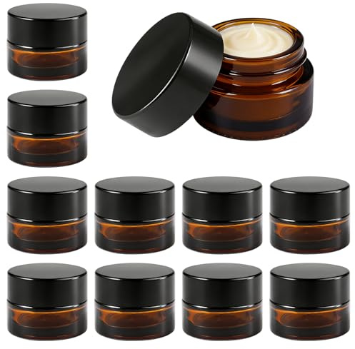 10 Piezas Ámbar Tarros de Cristal, 5 ml Tarros Ambar Frascos de Vidrio con Tapa y Revestimientos Interiores, Contenedor de Cosméticos Recargables, Cosmética Tarro Vacío Crema de Viaje para Lociones