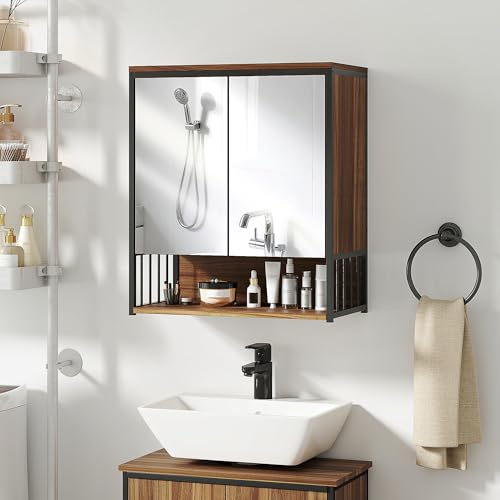 HOMCOM Armoire Murale Salle de Bain avec Miroir 56x65cm Meuble Marron