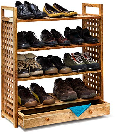 Relaxdays Schuhregal Walnuss, HxBxT:81x70x27cm, mit Schublade, Natur | 4 Böden für 12 Paar, Holz Schuhschrank