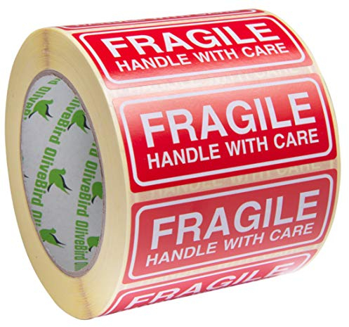 OliveBird 500 Aufkleber Zerbrechlich Fragile Aufkleber/Fragile Sticker 90 x 35 MM Groß Etiketten, weiß-rot-500 Stück
