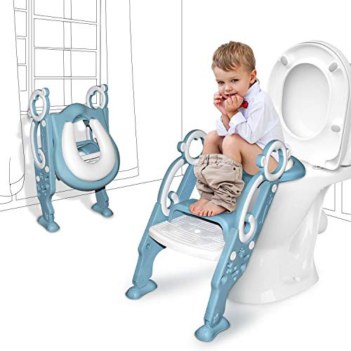 GrowthPic Toddler Potty Training Seat with Step Stool Ladder – Foldable Toilet Trainer with Splash Guard for Boys & Girls, Height Adjustable, Fits Standard & Elongated Toilets (Blue)