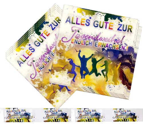 Jugendweihe Servietten 20er Set (33x33cm) - Premium Tischdeko Jugendweihe mit Spruch Endlich Erwachsen - 3-lagige Papierservietten Bunt für Jungen & Mädchen - Party Deko & Tischdekoration