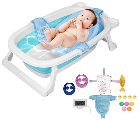 Sinbide Baignoire Pliable pour Enfants 0-8 Ans - Multifonction avec Thermomètre, Table de Bain et Jouets (Bleu)