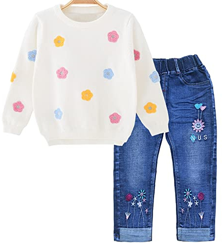 Peacolate 3–7 Jahre Baby Mädchen 2-teilige Set Baumwollpullover Hose Blume bestickte Stiefel Jeans (Weiße Blumen, 3 Jahre)