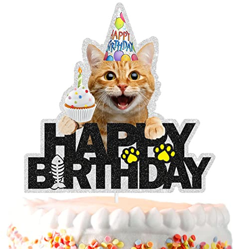 Funny Cat Cake Topper - Orange Happy Birthday Party Decorations Supplies - Cat Lovers Party Decorations for Girls and Boys