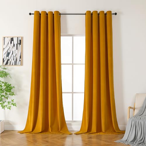 CUCRAF Samtvorhang mit Ösen 2er Set, blickdichte und lichtundurchlässige Vorhänge, H 225x B 140cm, luxuriöse wärmeisolierende Vorhänge für Wohnzimmer und Schlafzimmer (Gelb)