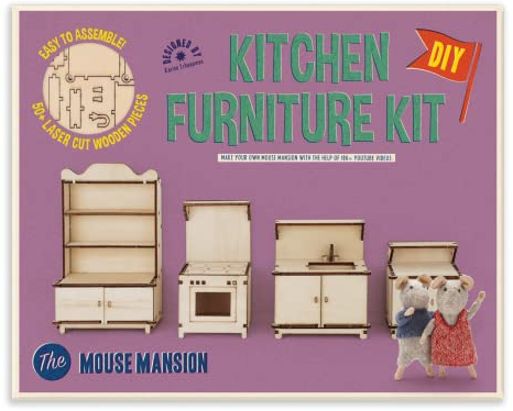Sam & Julia - Bausatz Küchenmöbel – Puppen-Möbel 1/12 für Puppenhaus oder Puppenstube zum selber basteln – Bastel-Set mit: Mini-Herd, Küchenschrank, Esstisch und 2 Bänke, Buffet, Spüle