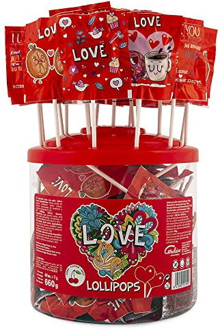 Caramelos Cerdán - Piruletas Corazón Love Sabor Cereza | Tarro de 60 Unidades | Caramelo Duro con Palo Sin Gluten ni Alérgenos | Ideal para San Valentin y Cumpleaños.