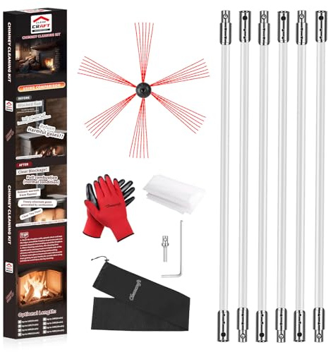 Cleancraft 20 Feet Chimney Sweep Kit, Chimney Cleaning Kit with 6 Flexible White Chimney Rods, Rotary Chimney Cleaning System Driven by Drill for Sweeping Fireplace, Chimney Cleaners with Strong Brush