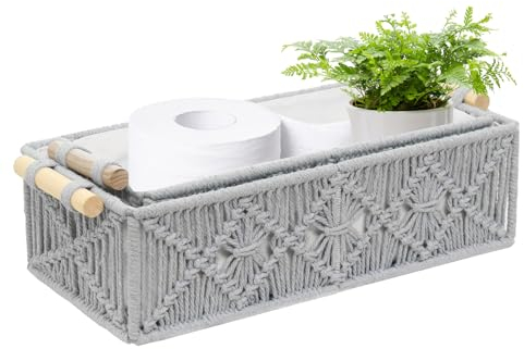 BASVII 2er Set Aufbewahrungskorb Geflochten, Boho Deko Korb geflochten mit Griffen, Handarbeit Makramee aus Baumwollseil, Korb Klein für Deko, Geschenkekorb, Brotkorb, Snacks Aufbewahren (Grau)