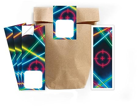 Minkocards 12 Bookmarks + 12 Gift Bags (Natural) + 12 Stickers Laser Tag Laser Tag Party Bag Set Guest Gifts for Children's Birthday Boys Birthday Girls Birthday