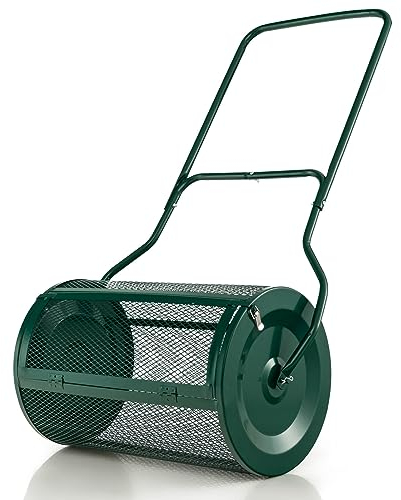 COSTWAY 27” Compost Spreader, 76L Peat Moss Top Dressing Roller Spreader with U-shaped Handle & Side Latches, Durable Metal Mesh Basket Push Fertilizer Spreader for Lawn and Garden (Green)
