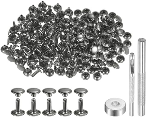 sourcing map Set di 100 rivetti per pelle, 10 x 9 mm, in metallo, a doppio tappo, bottoni a pressione con 3 strumenti di regolazione, rivetti per artigianato in pelle, decorazione fai da te,