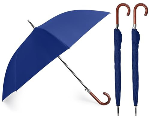 Silkfly 2 Pcs 2/4/6 Pcs 48 Auto Open Umbrella Large Wooden J Stick Handle Vintage Windproof Travel Wedding Fast Drying Umbrella (Navy Blue)